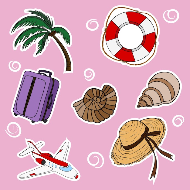 Colecciones de conjuntos de viajes de verano con diferentes elementos pegatinas de iconos dibujados a mano con contornos de vibración de verano