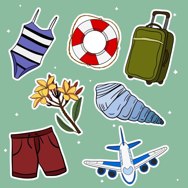 Colecciones de conjuntos de viajes de verano con diferentes elementos pegatinas de iconos dibujados a mano con contornos de vibración de verano