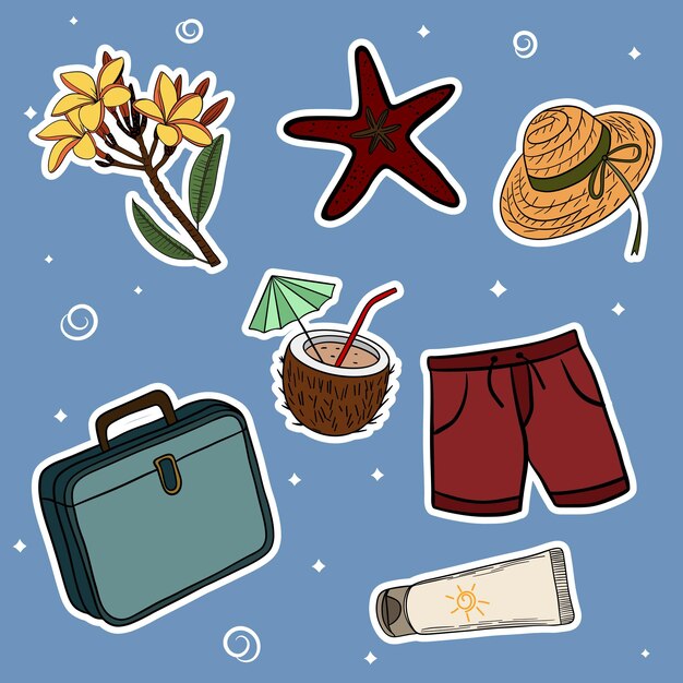 Colecciones de conjuntos de viajes de verano con diferentes elementos pegatinas de iconos dibujados a mano con contornos de vibración de verano