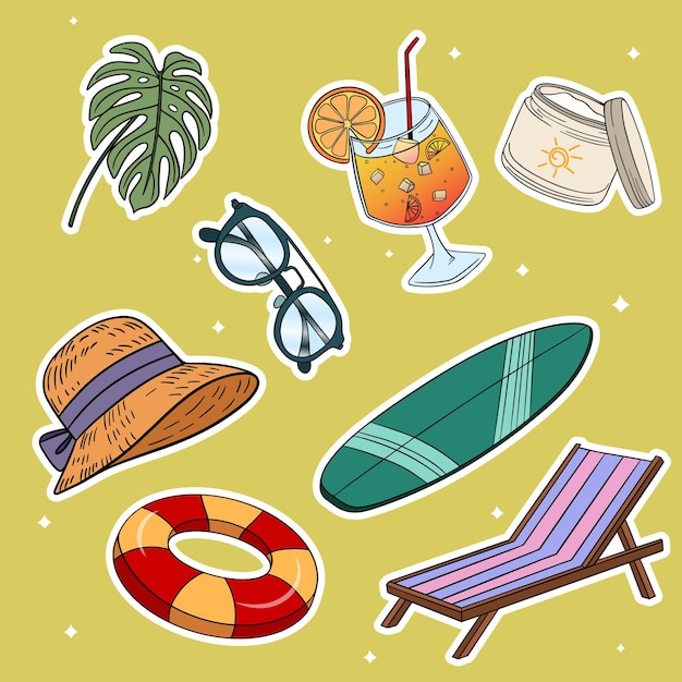 Colecciones de conjuntos de viajes de verano con diferentes elementos pegatinas de iconos dibujados a mano con contornos de vibración de verano