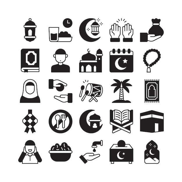 Vector colecciones creativas de iconos de ramadán en un diseño de estilo glifo sólido