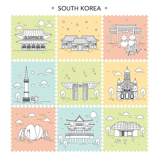 Colecciones creativas de viajes de corea del sur en conjunto de sellos