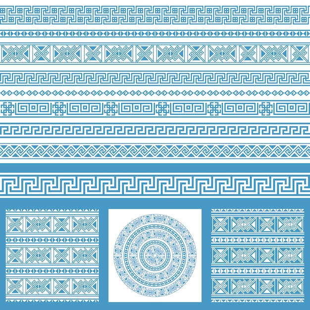 Colecciones determinadas del vector de elementos étnicos del diseño de Grecia. Patrones y bordes sin costuras ornamentales azules y blancos en un mega paquete.