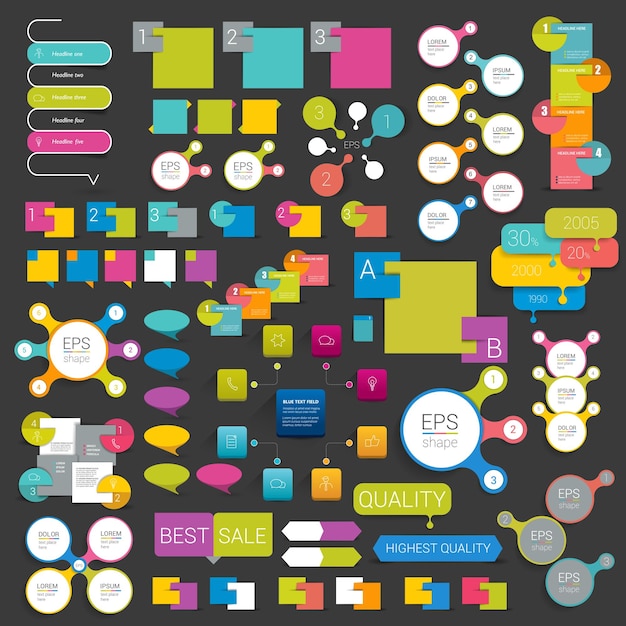 Colecciones de diagramas de diseño plano de gráficos de información varios cuadros de esquemas de color burbujas de discurso para impresión o diseño web