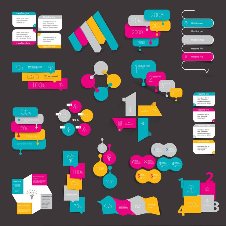 Vector colecciones de diagramas de diseño plano de gráficos de información varios cuadros de esquemas de color burbujas de discurso