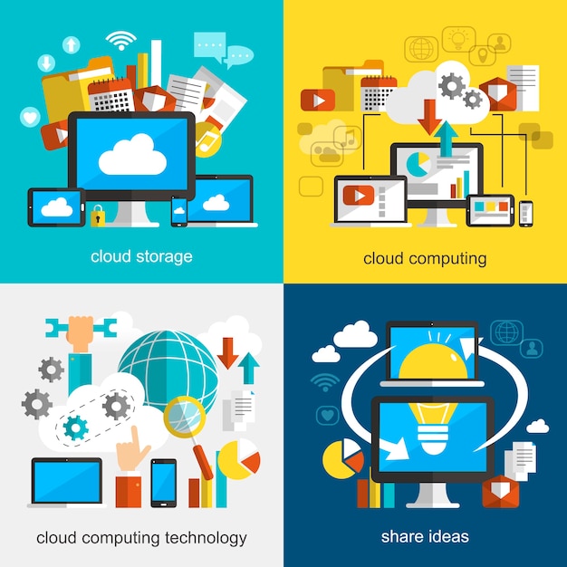 Vector colecciones de diseño plano de tecnología en la nube con múltiples dispositivos