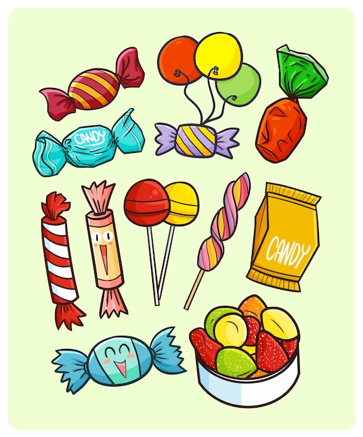 Colecciones de dulces divertidas y coloridas en estilo simple doodle