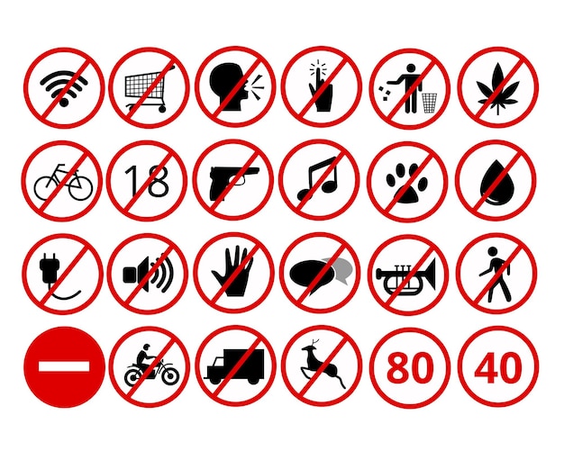 colecciones de paquetes de señales de prohibición populares con ilustración vectorial plana moderna