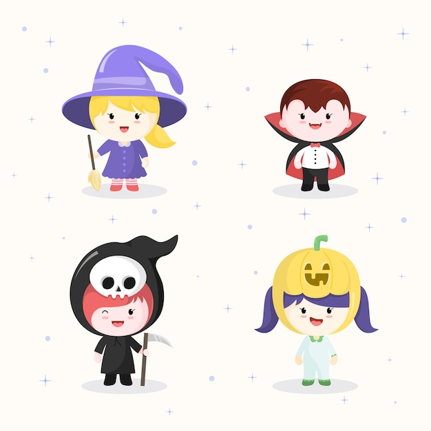 Colecciones de personajes kawaii en disfraces de halloween.