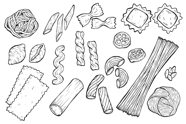 Colecciones vectoriales de alimentos italianos Clipart de arte de línea dibujado a mano con diferentes tipos de pasta