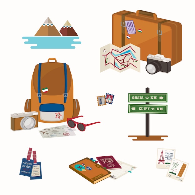Colecciones de viaje. Artículos de viaje para pancarta, póster o aplicación.