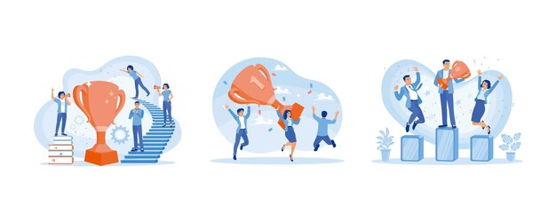 Los colegas celebran la victoria, bailan bajo los confeti mientras llevan grandes trofeos, la gente está de pie en el podio, el éxito, el concepto de negocio, el conjunto, la ilustración vectorial plana.