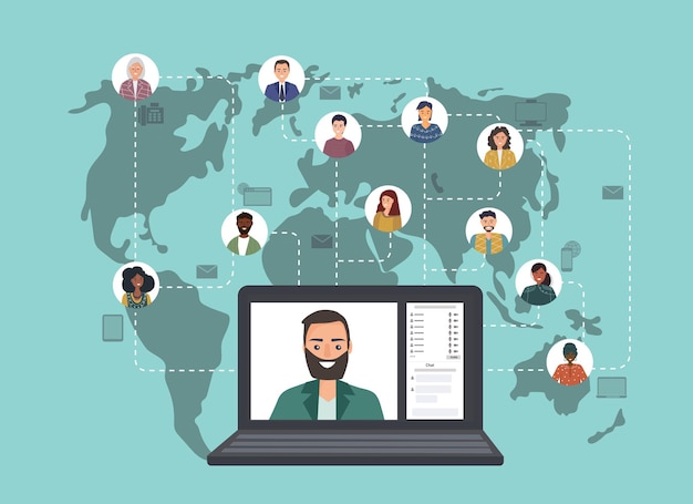 Colegas de diferentes países trabajan juntos en línea Trabajo y comunicación amistosa