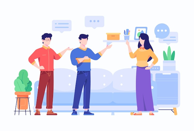 Los colegas de la empresa se paran y tienen una ilustración de diseño de estilo plano de concepto de conversación
