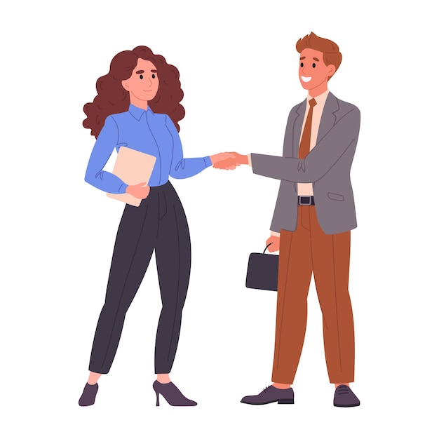 Colegas de oficina estrechando la mano Trato de negocios apretón de mano Hombre y mujer Empresarios apretan la mano Ilustración vectorial plana Trato de negocio escena de apretones de mano