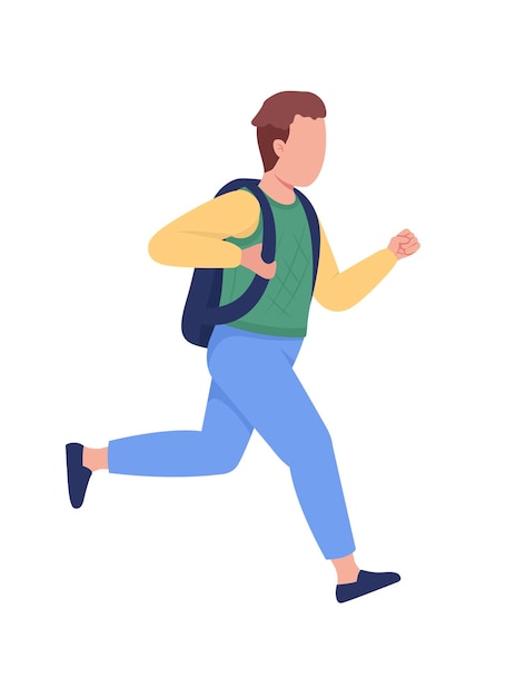 Colegial corriendo a la escuela carácter vectorial de color semi plano. Persona de cuerpo entero en blanco. Llegando tarde a clase, ilustración de estilo de dibujos animados moderno aislado para diseño gráfico y animación