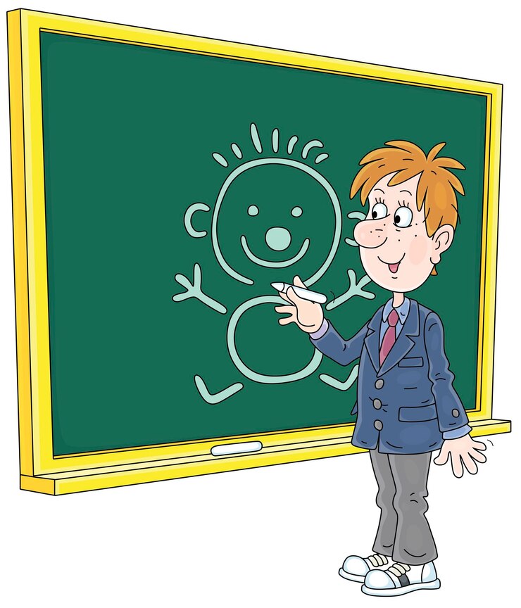 Vector colegial dibujando una imagen divertida con tiza en una pizarra en un salón de clases