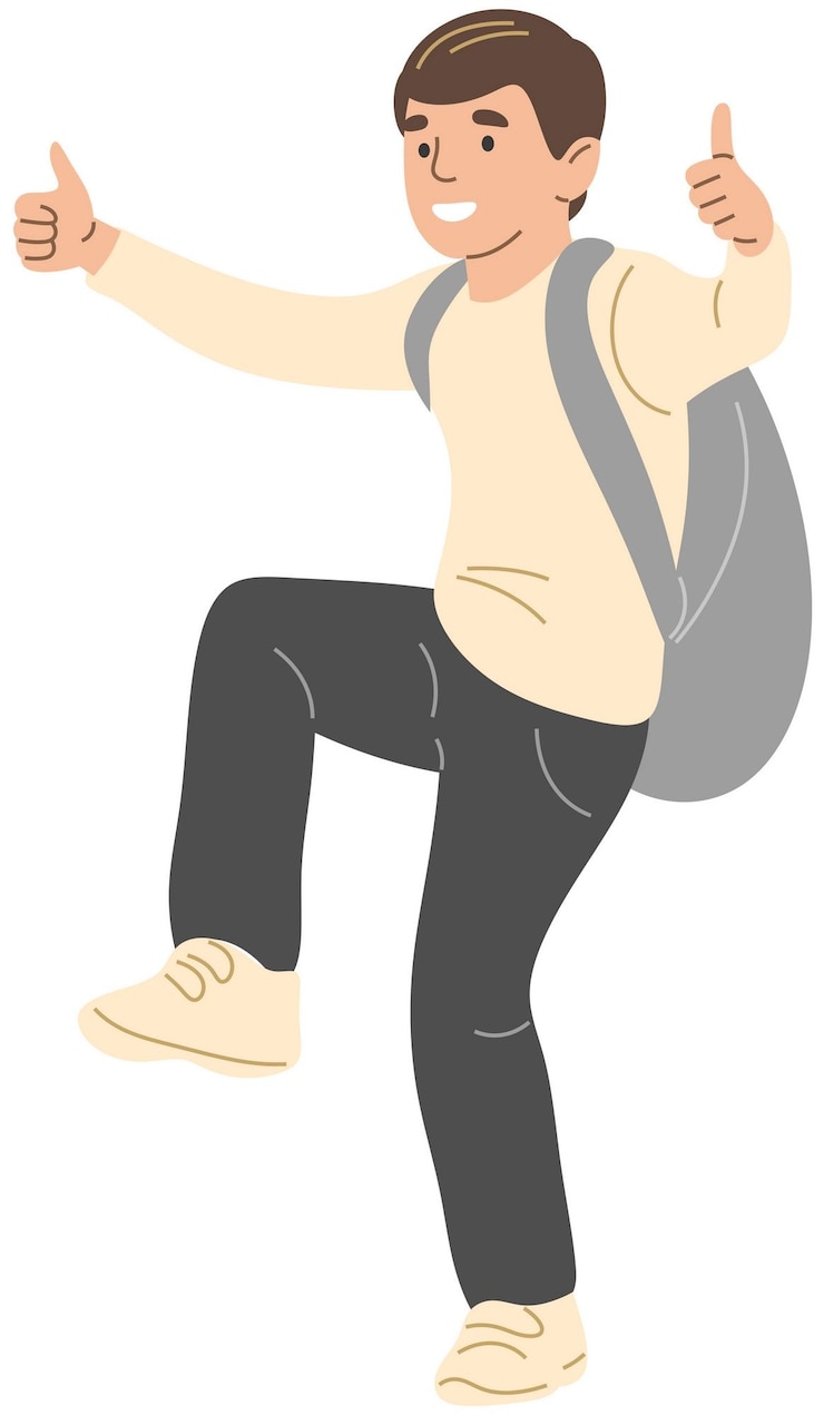 Vector un colegial con una mochila hace un gesto con el pulgar hacia arriba.