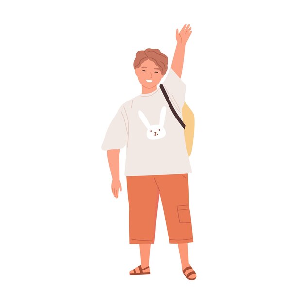 Colegial sonriente positivo saludando con la mano levantada. Muchacho amistoso feliz de pie con el bolso de la escuela y saludando a alguien. Ilustración de vector plano coloreado aislado sobre fondo blanco.