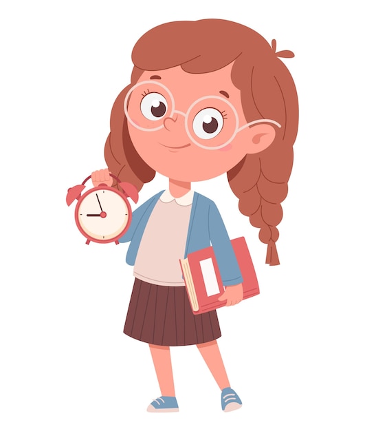 Colegiala alegre sosteniendo un libro y un reloj divertido personaje de dibujos animados regresar al concepto de escuela