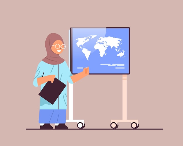 Colegiala árabe que presenta el mapa del mundo en la presentación del tablero digital concepto de educación horizontal ilustración vectorial de longitud completa