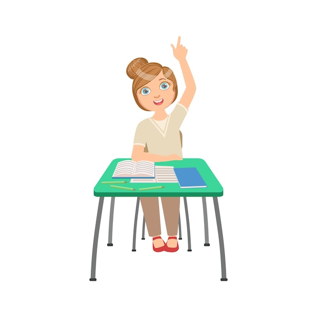 Colegiala Knowitall sentada detrás del escritorio en la clase de la escuela Ilustración Parte de los eruditos que estudian la colección de vectores