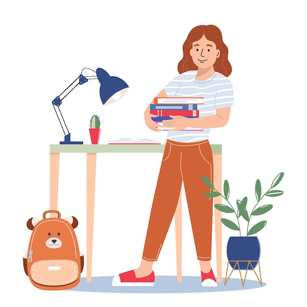 Una colegiala linda pone libros en la mochila, un niño se prepara para ir a la escuela, una chica sonriente en su habitación, un vector.