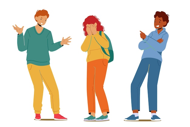 Colegiala llorando compañeros de clase agresivos señalándola con los dedos Violencia y sabotaje Adolescentes Personajes Intimidación Chica Agresión o Conflicto Estrés Dibujos animados Personas Vector Ilustración