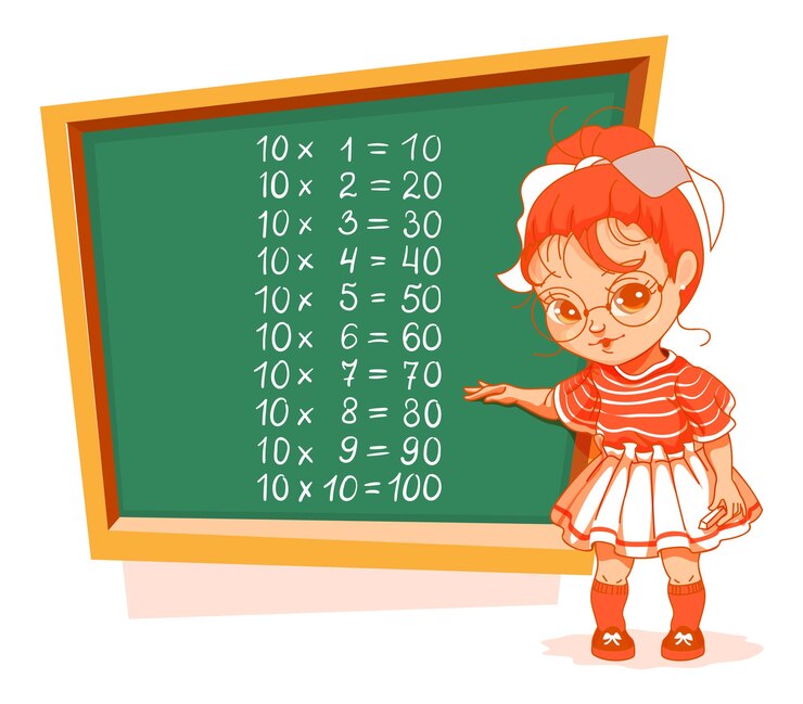 Vector colegiala en pizarra 10 diez educación de dibujos animados de vector de tabla de multiplicar. ilustración aislada