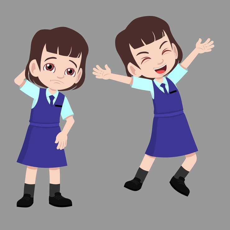 Colegiala en uniforme tiene poses de reacción de humor de diferencia