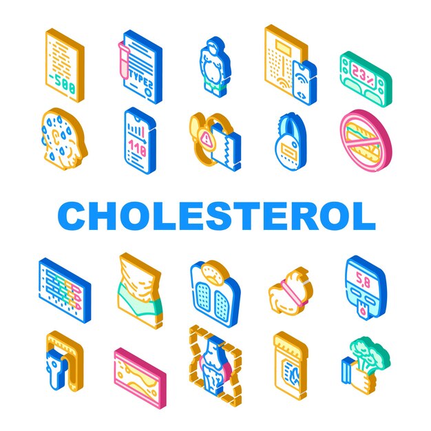Colesterol Sobrepeso Colección Iconos Conjunto Vector Colesterol Sobrepeso Personas Y Diabetes Enfermedad Alimentos Diario Y Escalas Inteligentes Signo Isométrico Ilustraciones De Color