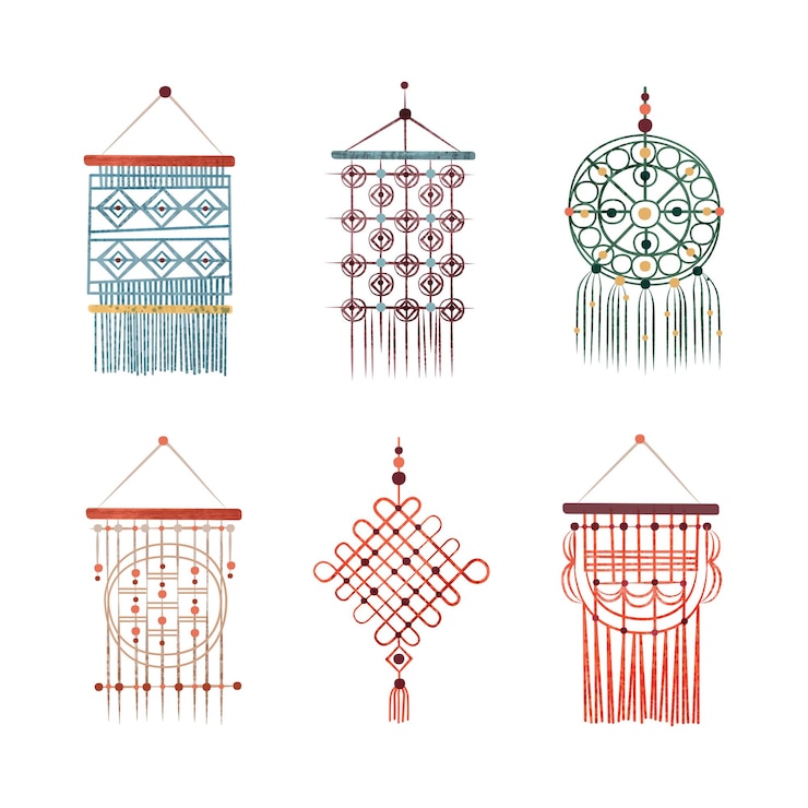 Vector colgadores de pared macrame como conjunto vectorial de elementos de decoración de estilo boho