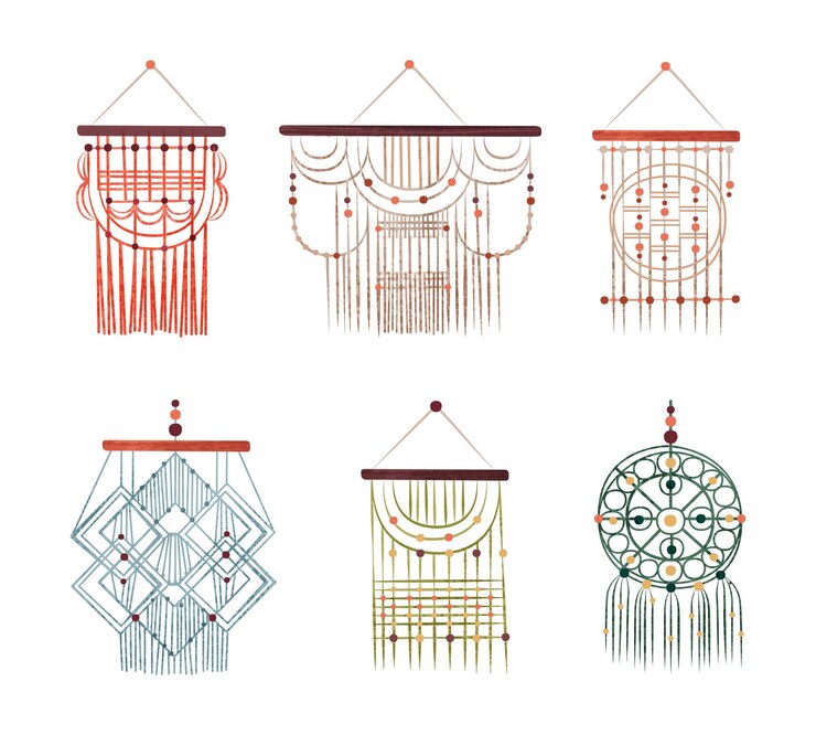 Vector colgadores de pared macrame como conjunto vectorial de elementos de decoración de estilo boho