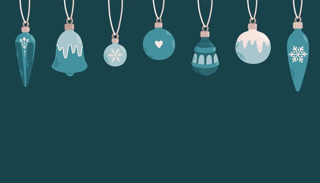 Colgando bolas de Navidad con adornos banner diseño plano vector ilustración