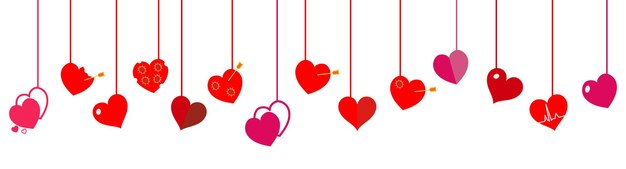 Colgando corazones rojos sobre fondo blanco Diseño plano