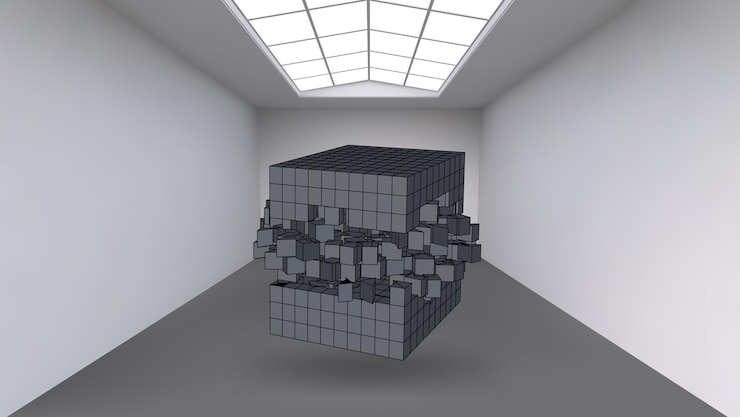 Vector colgando el cubo de una multitud de pequeños polígonos en la gran sala vacía. espacio de exposición con formas cúbicas abstractas. el cubo en el momento de la explosión se divide en partículas finas.
