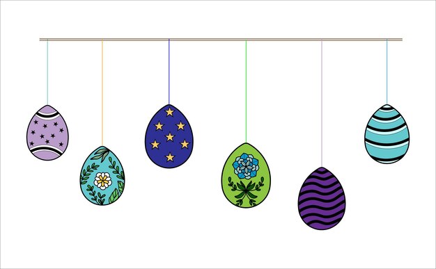 Colgando ilustraciones de decoración de huevos de Pascua sobre fondo blanco