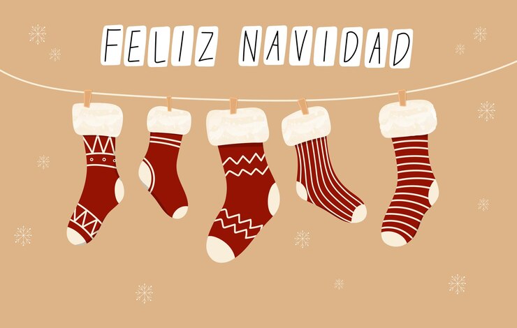 Vector colgando medias de navidad en la cuerda con bonitos patrones de navidad feliz navidad colgando media de navidad