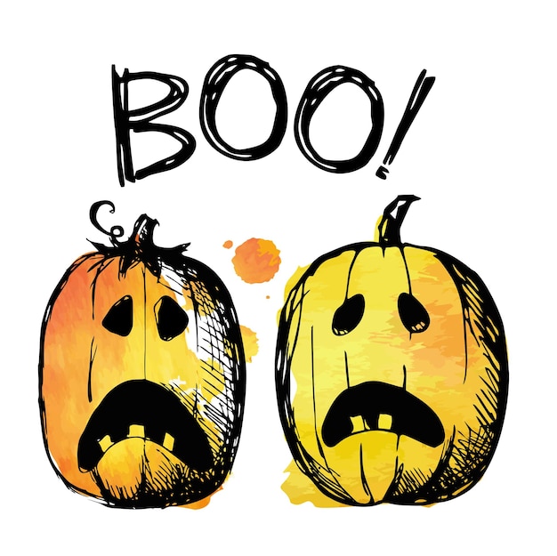 Vector colgando palabra boo texto con calabazas etiqueta de halloween con elemento signo grunge efecto calabaza aterradora