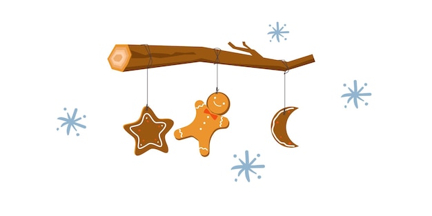 Vector colgante hombre de jengibre árbol muñeco de nieve y estrellas cookies fondo de navidad aislado