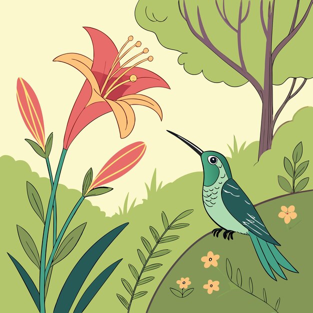 Un colibri admirando un hermoso lirio en un jardín en flor
