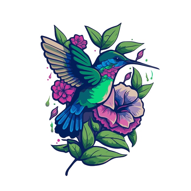 Vector colibrí colorido volando sobre la mascota de la ilustración del logotipo de la flor