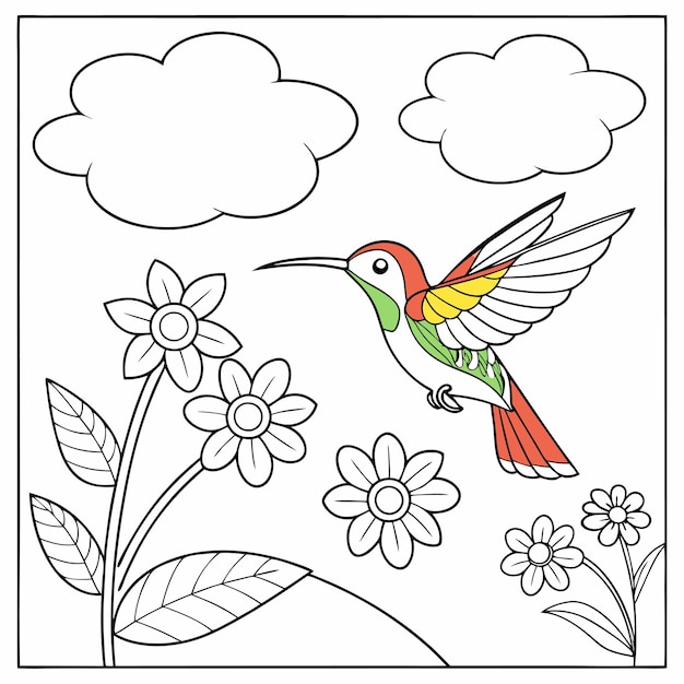 Colibrí y flores Página para colorear