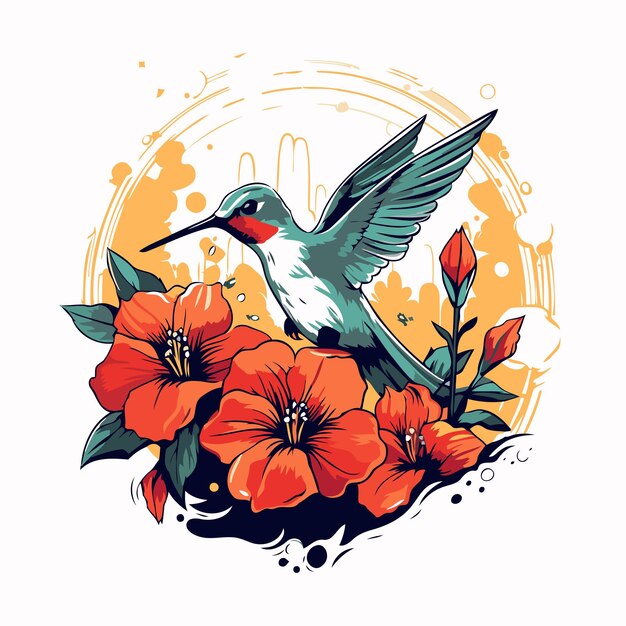 Colibri con flores rojas Ilustración vectorial en estilo retro