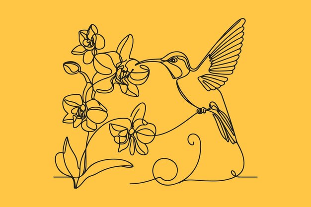 Colibrí de garganta rubí con flores de orquídea