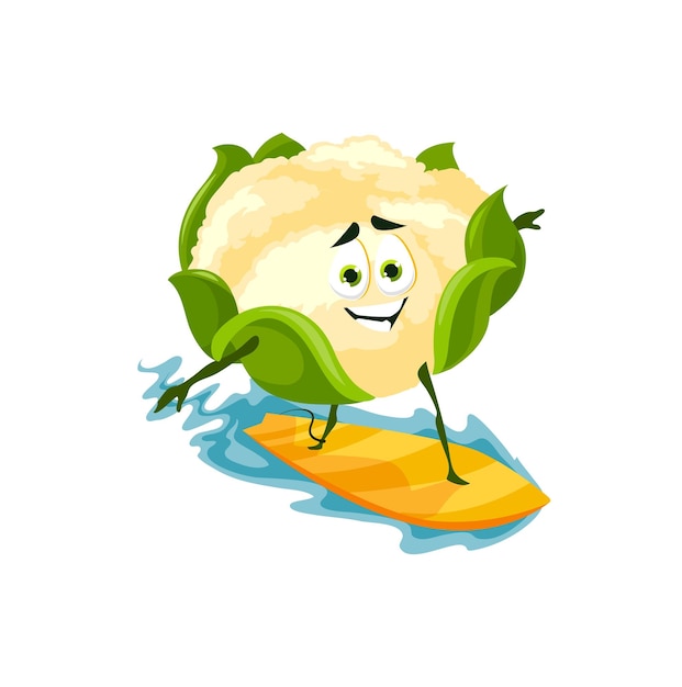 Vector coliflor personaje de dibujos animados surf descanso de verano