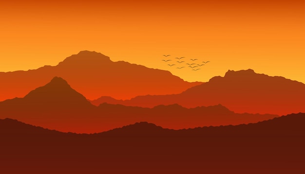 Vector colina y montaña con cielo rojo al atardecer para el paisaje de fondo