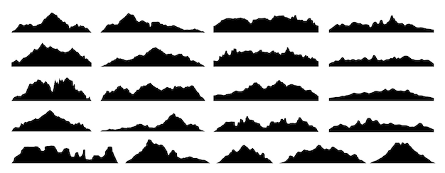 Colina de roca negra y siluetas de montaña de formas de paisaje rocoso íconos vectoriales de pico de montaña rocas o cordilleras de cañón y silueta de colinas de valle para hacer senderismo, acampar o escalar deportes y viajes