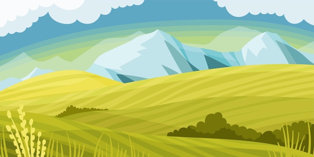 Vector colinas verdes de campo con picos de montaña distantes ilustración vectorial de paisaje horizontal