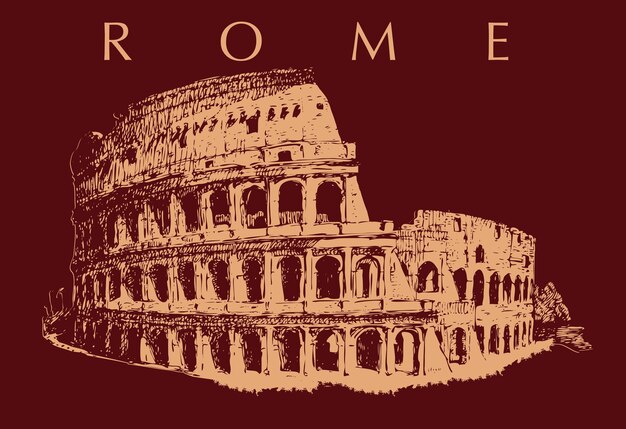 Vector el coliseo romano al estilo de las antiguas estampas en un fondo oscuro